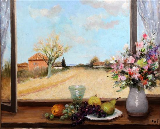 § Marcel Dyf (1899-1985) Fruit and flowers on a window sill, a farm landscape beyond 23.75 x 29in.